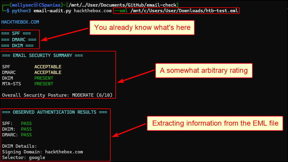 Performing DNS-based analysis and validating authentication results via an EML file with email-audit.