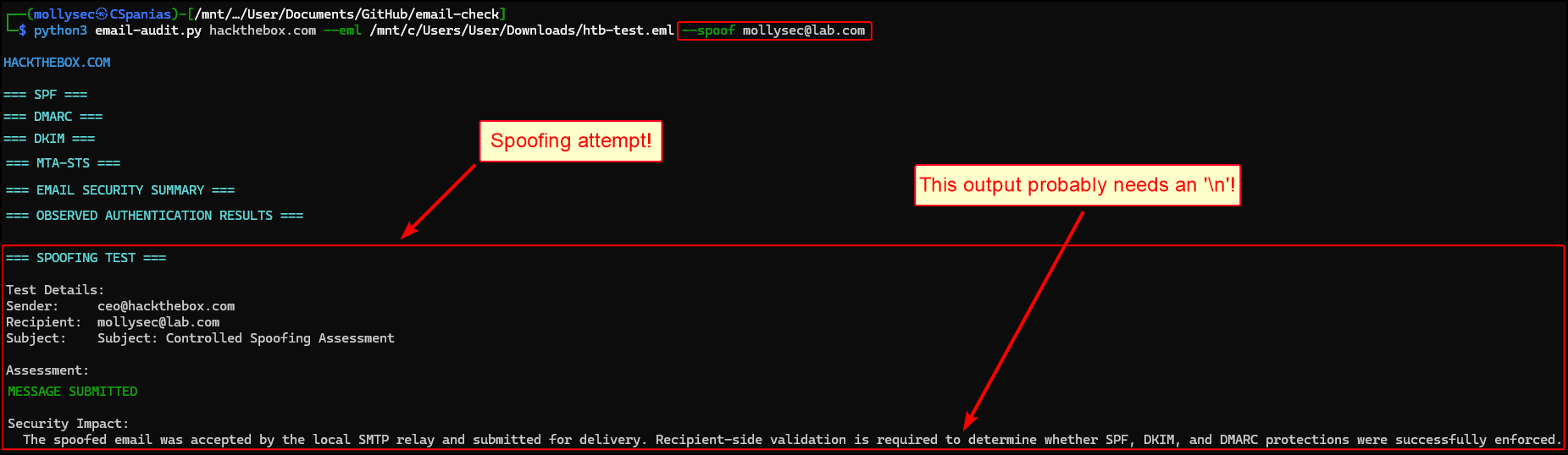 Performing DNS-based analysis and validating authentication results via an EML file with email-audit.