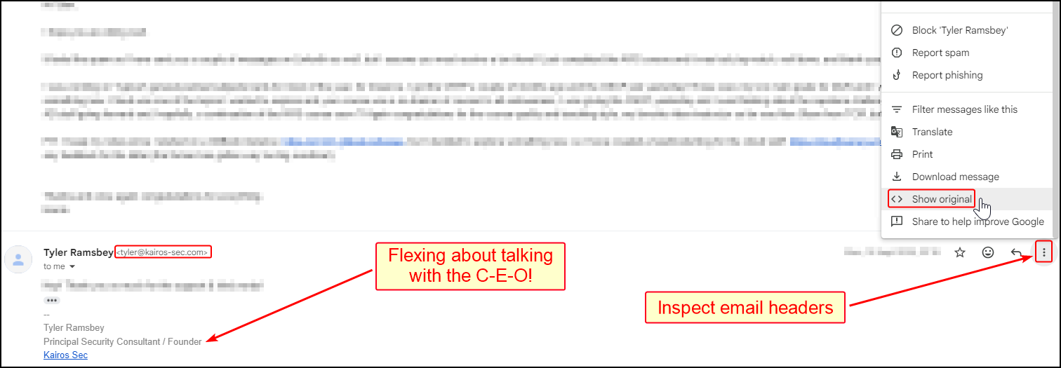 Inspecting the DKIM-Signature header of an email received by the kairos-sec.com domain.