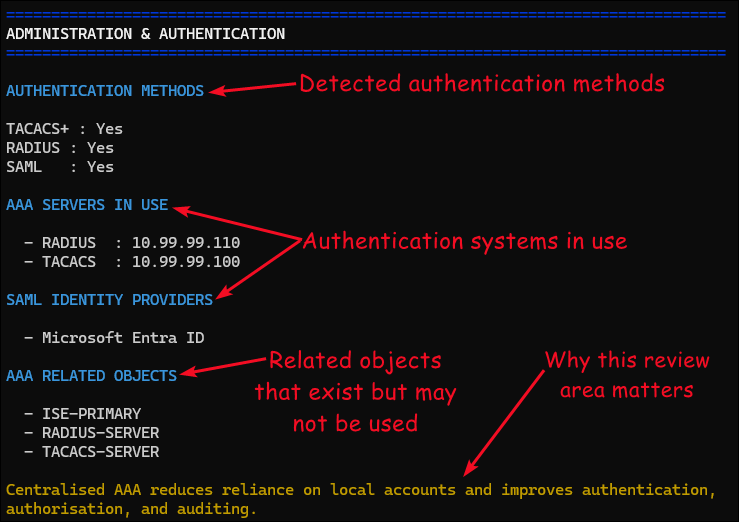Terminal output from the firewall-audit script related to its Administration Authentication section.