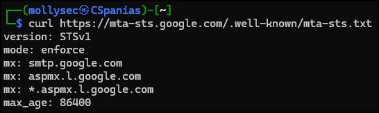 Querying the MTA-STS record of the hackthebox.com domain.