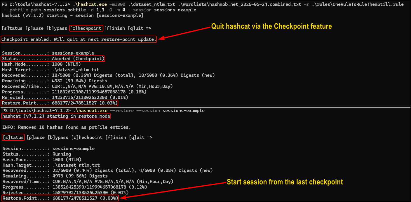A screenshot demonstrating how hashcat checkpoints work.