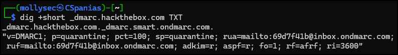 Querying the DMARC record of the hackthebox.com domain.