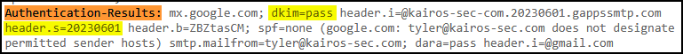 Validating the implementation of the DKIM header for an email received by the kairos-sec.com domain.