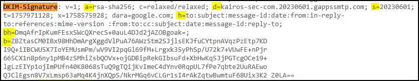 Inspecting the DKIM-Signature header of an email received by the kairos-sec.com domain.