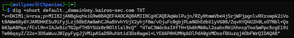 The DKIM record of the kairos.sec domain.