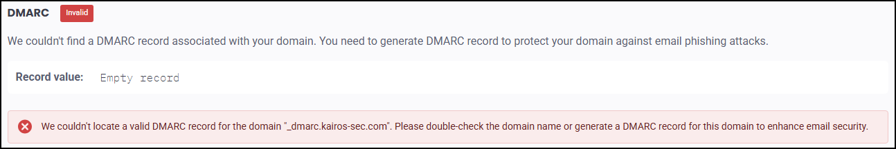 Querying the DMARC record of the kairos-sec.com domain.