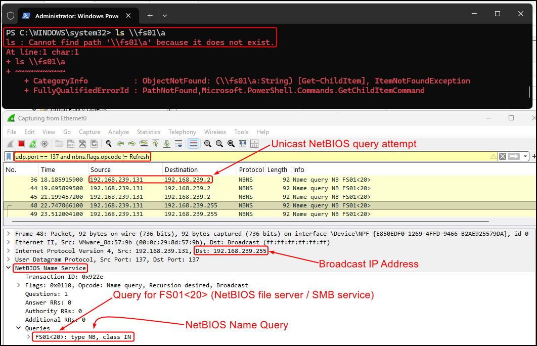 Capturing NBT-NS traffic with Wireshark.