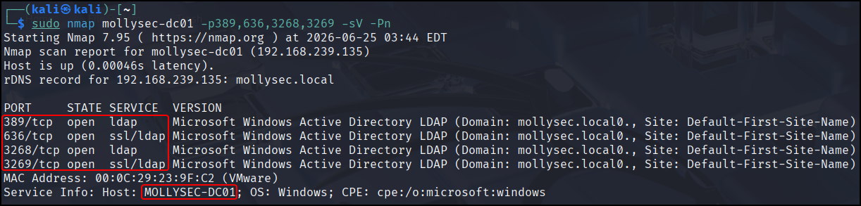 A screenshot of nmap scanning the LDAP ports of a DC.