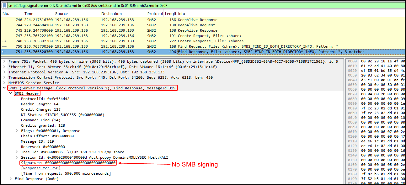 Inspecting SMB traffic on Wireshark when no SMB signing is configured.