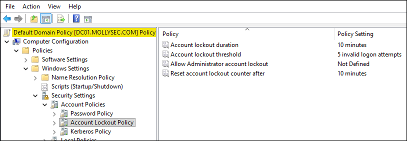 Inspecting the password-related settings of the Default Domain Policy.
