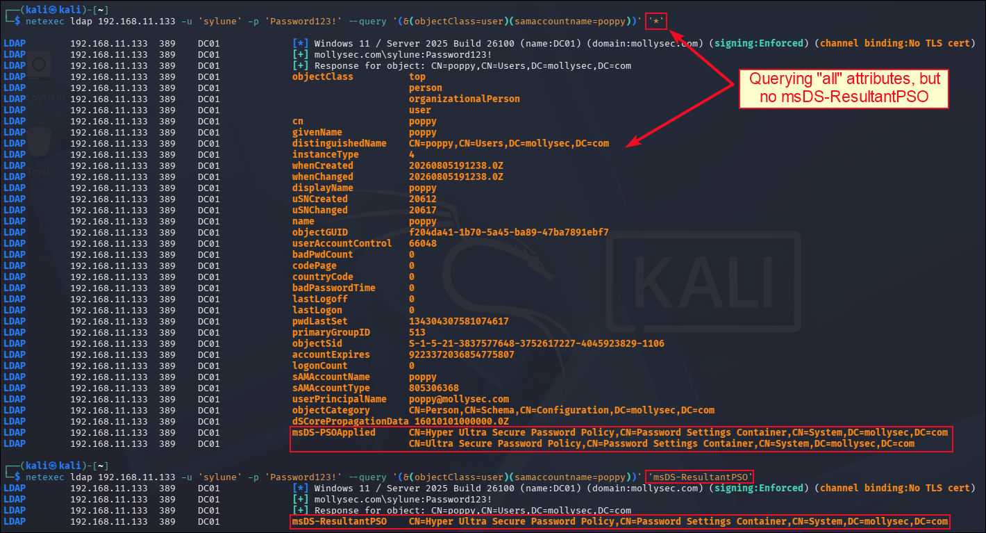 Querying the msDS-ResultantPSO attribute as a standard domain user.