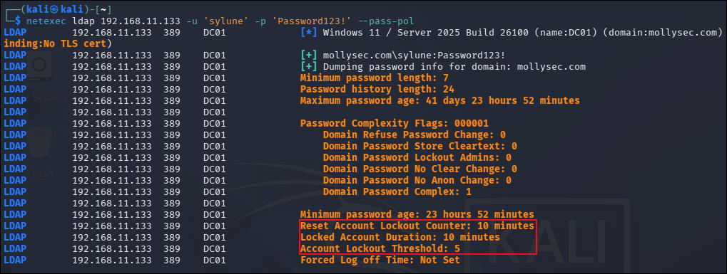 Querying the domain password policy via netexec.