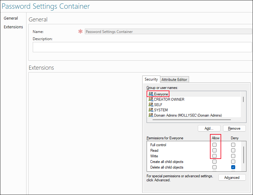 The permissions of the Everyone group on the Password Settings Container.