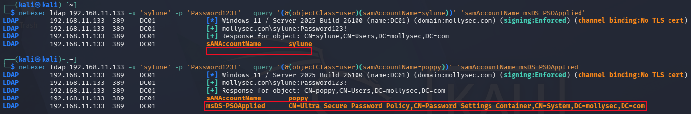 Querying the msDS-AppliedPSO attribute as a standard domain user.