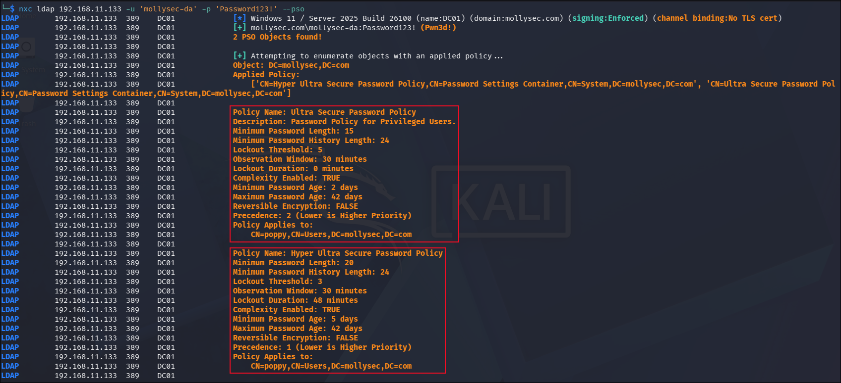Enumerating PSOs as a domain admin.