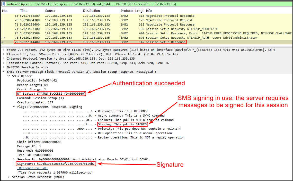 A Wireshark capture of a failed NTLM relay attack due to SMB signing.
