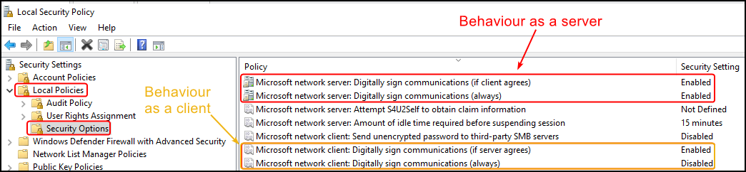 The default SMB server configuration on Domain Controllers via UI (Local Policies).