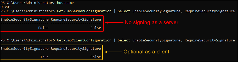 The default SMB server configuration on non-Domain Controller systems via PowerShell.