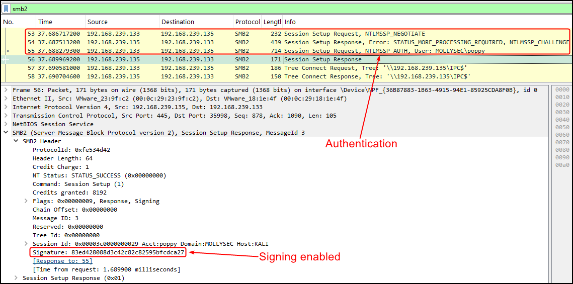 Inspecting SMB traffic and SMB signing on Wireshark.