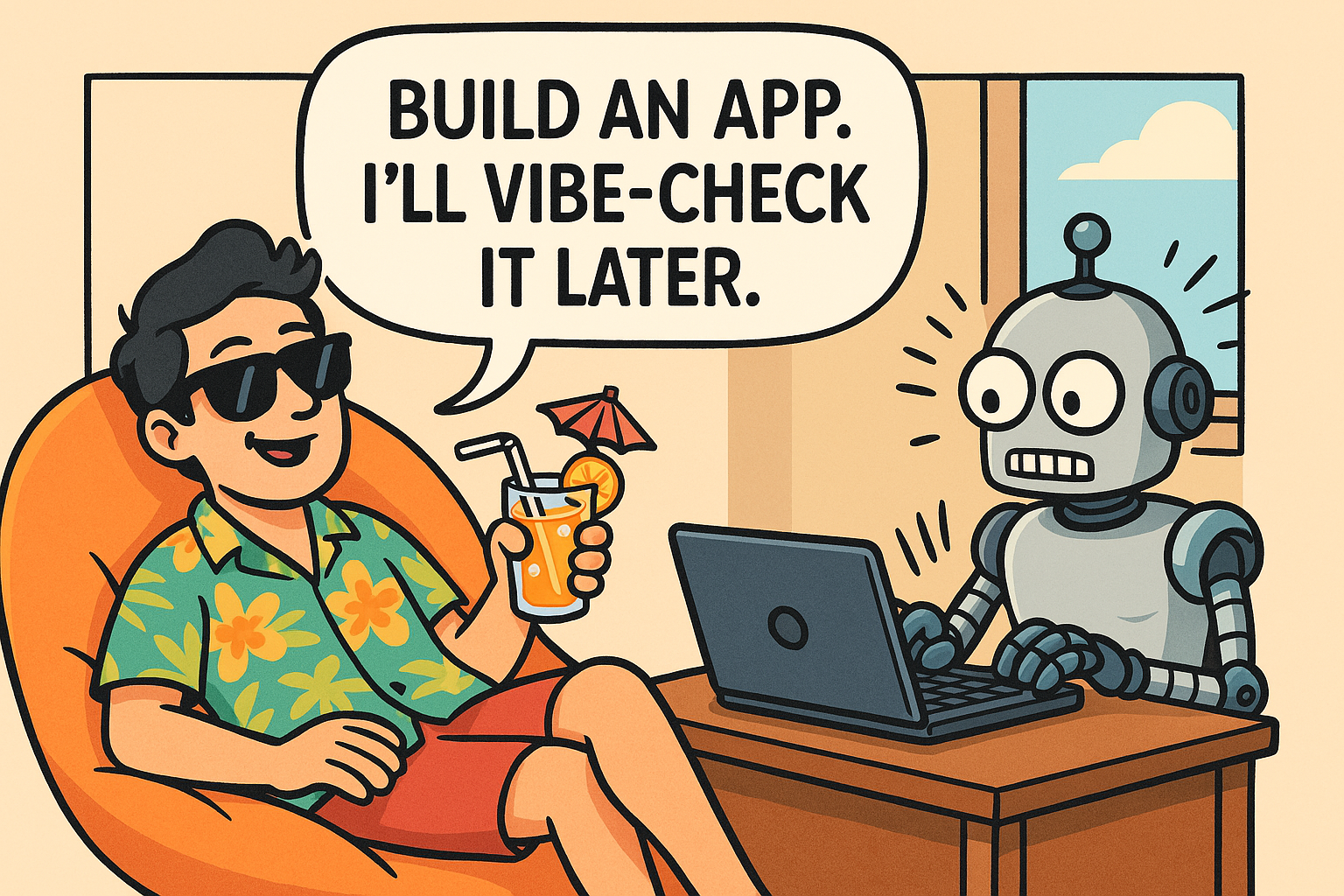 A man lying on his sofa enjoying a drink while saying to a robot 'Build an app. I will vibe-check it later'.