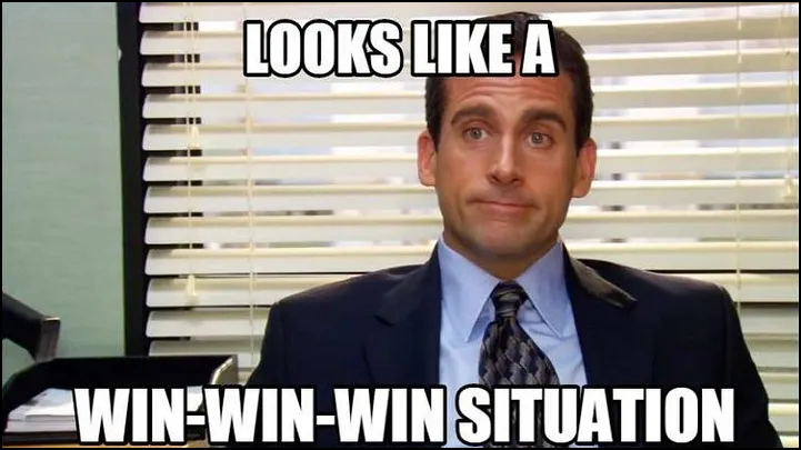 A meme showing Steve Carell in Office saying 'Looks like a win-win-win situation.'